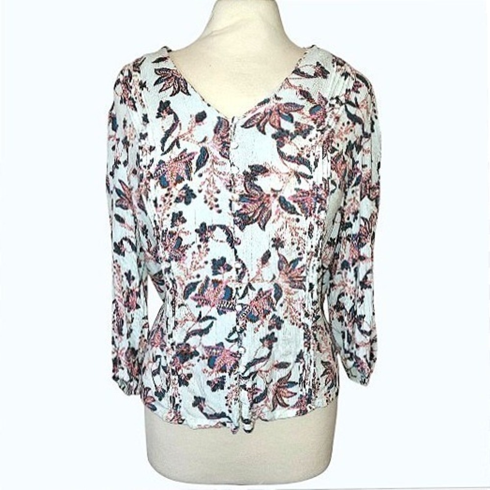 One World White Floral Boho Button 3/4 Balloon Sleeve Peasant Festival Blouse L - Picture 2 of 11